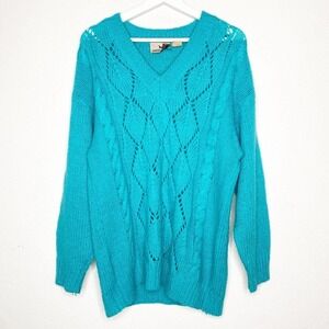Haberdasher Vintage Cable Pointelle Blue Long Sweater Sz L